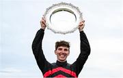 31 July 2024; Jockey Donagh Meyler celebrates with the trophy after winning the Tote Galway Plate on Pinkerton during day three of the Galway Races Summer Festival at Ballybrit Racecourse in Galway. Photo by Seb Daly/Sportsfile