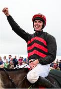 31 July 2024; Jockey Donagh Meyler celebrates after riding Pinkerton to victory in the Tote Galway Plate during day three of the Galway Races Summer Festival at Ballybrit Racecourse in Galway. Photo by Seb Daly/Sportsfile