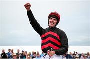 31 July 2024; Jockey Donagh Meyler celebrates after riding Pinkerton to victory in the Tote Galway Plate during day three of the Galway Races Summer Festival at Ballybrit Racecourse in Galway. Photo by Seb Daly/Sportsfile