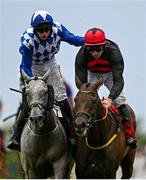 31 July 2024; Jockey Donagh Meyler, right, is congratulated by Danny Gilligan after winning the Tote Galway Plate on Pinkerton during day three of the Galway Races Summer Festival at Ballybrit Racecourse in Galway. Photo by Seb Daly/Sportsfile