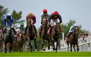 31 July 2024; Jockey Donagh Meyler, right, celebrates on Pinkerton as he crosses the line to win the Tote Galway Plate during day three of the Galway Races Summer Festival at Ballybrit Racecourse in Galway. Photo by Seb Daly/Sportsfile