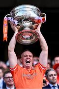 28 July 2024; Mark Shields of Armagh lifts the Sam Maguire Cup after his side's victory in the GAA Football All-Ireland Senior Championship Final match between Armagh and Galway at Croke Park in Dublin. Photo by Piaras Ó Mídheach/Sportsfile
