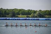 1 August 2024; Team Denmark in action during the women's eight repechages at Vaires-sur-Marne Nautical Stadium during the 2024 Paris Summer Olympic Games in Paris, France. Photo by Stephen McCarthy/Sportsfile