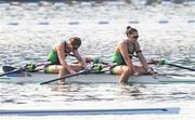 1 August 2024; Zoe Hyde, left, and Alison Bergin of Team Ireland after the women's double sculls B final at Vaires-sur-Marne Nautical Stadium during the 2024 Paris Summer Olympic Games in Paris, France. Photo by Stephen McCarthy/Sportsfile