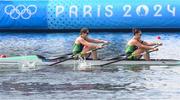 1 August 2024; Zoe Hyde, left, and Alison Bergin of Team Ireland in action during the women's double sculls B final at Vaires-sur-Marne Nautical Stadium during the 2024 Paris Summer Olympic Games in Paris, France. Photo by Stephen McCarthy/Sportsfile