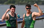 1 August 2024; Philip Doyle, left, and Daire Lynch of Team Ireland celebrate after winning bronze in the men's double sculls A final at Vaires-sur-Marne Nautical Stadium during the 2024 Paris Summer Olympic Games in Paris, France. Photo by Stephen McCarthy/Sportsfile