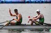 1 August 2024; Philip Doyle, right, and Daire Lynch of Team Ireland after winning bronze in the men's double sculls A final at Vaires-sur-Marne Nautical Stadium during the 2024 Paris Summer Olympic Games in Paris, France. Photo by Stephen McCarthy/Sportsfile