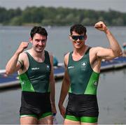 1 August 2024; Philip Doyle, left, and Daire Lynch of Team Ireland celebrate after winning bronze in the men's double sculls A final at Vaires-sur-Marne Nautical Stadium during the 2024 Paris Summer Olympic Games in Paris, France. Photo by Stephen McCarthy/Sportsfile
