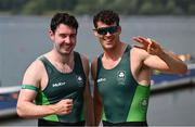 1 August 2024; Philip Doyle, left, and Daire Lynch of Team Ireland celebrate after winning bronze in the men's double sculls A final at Vaires-sur-Marne Nautical Stadium during the 2024 Paris Summer Olympic Games in Paris, France. Photo by Stephen McCarthy/Sportsfile