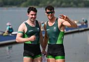1 August 2024; Philip Doyle, left, and Daire Lynch of Team Ireland celebrate after winning bronze in the men's double sculls A final at Vaires-sur-Marne Nautical Stadium during the 2024 Paris Summer Olympic Games in Paris, France. Photo by Stephen McCarthy/Sportsfile