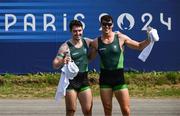 1 August 2024; Philip Doyle, left, and Daire Lynch of Team Ireland celebrate after winning bronze in the men's double sculls A final at Vaires-sur-Marne Nautical Stadium during the 2024 Paris Summer Olympic Games in Paris, France. Photo by Stephen McCarthy/Sportsfile