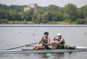 1 August 2024; Philip Doyle, right, and Daire Lynch of Team Ireland celebrate after winning bronze in the men's double sculls A final at Vaires-sur-Marne Nautical Stadium during the 2024 Paris Summer Olympic Games in Paris, France. Photo by Stephen McCarthy/Sportsfile