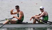 1 August 2024; Philip Doyle, right, and Daire Lynch of Team Ireland celebrate after winning bronze in the men's double sculls A final at Vaires-sur-Marne Nautical Stadium during the 2024 Paris Summer Olympic Games in Paris, France. Photo by Stephen McCarthy/Sportsfile