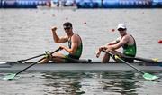 1 August 2024; Philip Doyle, right, and Daire Lynch of Team Ireland celebrate after winning bronze in the men's double sculls A final at Vaires-sur-Marne Nautical Stadium during the 2024 Paris Summer Olympic Games in Paris, France. Photo by Stephen McCarthy/Sportsfile