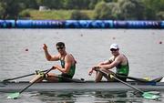 1 August 2024; Philip Doyle, right, and Daire Lynch of Team Ireland celebrate after winning bronze in the men's double sculls A final at Vaires-sur-Marne Nautical Stadium during the 2024 Paris Summer Olympic Games in Paris, France. Photo by Stephen McCarthy/Sportsfile