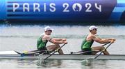 1 August 2024; Philip Doyle, left, and Daire Lynch of Team Ireland in action during the men's double sculls A final at Vaires-sur-Marne Nautical Stadium during the 2024 Paris Summer Olympic Games in Paris, France. Photo by Stephen McCarthy/Sportsfile