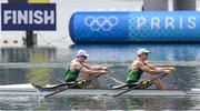1 August 2024; Philip Doyle, left, and Daire Lynch of Team Ireland in action during the men's double sculls A final at Vaires-sur-Marne Nautical Stadium during the 2024 Paris Summer Olympic Games in Paris, France. Photo by Stephen McCarthy/Sportsfile