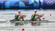 1 August 2024; Philip Doyle, left, and Daire Lynch of Team Ireland in action during the men's double sculls A final at Vaires-sur-Marne Nautical Stadium during the 2024 Paris Summer Olympic Games in Paris, France. Photo by Stephen McCarthy/Sportsfile