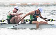 1 August 2024; Philip Doyle, left, and Daire Lynch of Team Ireland celebrate after winning bronze in the men's double sculls A final at Vaires-sur-Marne Nautical Stadium during the 2024 Paris Summer Olympic Games in Paris, France. Photo by Stephen McCarthy/Sportsfile