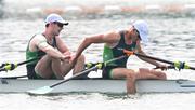 1 August 2024; Philip Doyle, left, and Daire Lynch of Team Ireland celebrate after winning bronze in the men's double sculls A final at Vaires-sur-Marne Nautical Stadium during the 2024 Paris Summer Olympic Games in Paris, France. Photo by Stephen McCarthy/Sportsfile