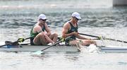 1 August 2024; Philip Doyle, left, and Daire Lynch of Team Ireland celebrate after winning bronze in the men's double sculls A final at Vaires-sur-Marne Nautical Stadium during the 2024 Paris Summer Olympic Games in Paris, France. Photo by Stephen McCarthy/Sportsfile