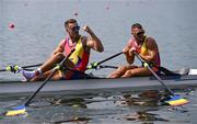 1 August 2024; Marian Florain Enache, left, and Andrei Sebastian Cornea of Team Romania celebrate winning gold in the men's double sculls A final at Vaires-sur-Marne Nautical Stadium during the 2024 Paris Summer Olympic Games in Paris, France. Photo by Stephen McCarthy/Sportsfile