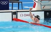 1 August 2024; Tom Fannon of Team Ireland celebrates after finishing first in his men's 50m freestyle heat at the Paris La Défense Arena during the 2024 Paris Summer Olympic Games in Paris, France. Photo by Ian MacNicol/Sportsfile
