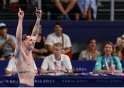 1 August 2024; Tom Fannon of Team Ireland celebrates after finishing first in his men's 50m freestyle heat at the Paris La Défense Arena during the 2024 Paris Summer Olympic Games in Paris, France. Photo by Ian MacNicol/Sportsfile