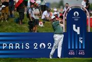 1 August 2024; Shane Lowry of Team Ireland watches his drive from the fourth tee box round 1 of the men's golf singles at Le Golf National during the 2024 Paris Summer Olympic Games in Paris, France. Photo by Brendan Moran/Sportsfile