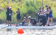 1 August 2024; Italian rower Catello Amarante proposes to Clara Guerra of Team Italy after her race with Stafania Gobbi in the women's double sculls B final at Vaires-sur-Marne Nautical Stadium during the 2024 Paris Summer Olympic Games in Paris, France. Photo by Stephen McCarthy/Sportsfile