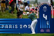 1 August 2024; Shane Lowry of Team Ireland drives from the fourth tee box during round 1 of the men's golf singles at Le Golf National during the 2024 Paris Summer Olympic Games in Paris, France. Photo by Brendan Moran/Sportsfile