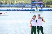 1 August 2024; Daire Lynch, left, and Philip Doyle of Team Ireland with their bronze medals after finishing third in the men's double sculls A final at Vaires-sur-Marne Nautical Stadium during the 2024 Paris Summer Olympic Games in Paris, France. Photo by Stephen McCarthy/Sportsfile