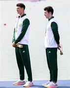1 August 2024; Philip Doyle, right, and Daire Lynch of Team Ireland with their bronze medals in the awards ceremony after the men's double sculls A final at Vaires-sur-Marne Nautical Stadium during the 2024 Paris Summer Olympic Games in Paris, France. Photo by Stephen McCarthy/Sportsfile