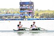 1 August 2024; Philip Doyle, left, and Daire Lynch of Team Ireland celebrate after winning bronze in the men's double sculls A final at Vaires-sur-Marne Nautical Stadium during the 2024 Paris Summer Olympic Games in Paris, France. Photo by Stephen McCarthy/Sportsfile