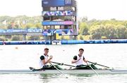 1 August 2024; Philip Doyle, left, and Daire Lynch of Team Ireland celebrate after winning bronze in the men's double sculls A final at Vaires-sur-Marne Nautical Stadium during the 2024 Paris Summer Olympic Games in Paris, France. Photo by Stephen McCarthy/Sportsfile