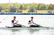 1 August 2024; Philip Doyle, left, and Daire Lynch of Team Ireland celebrate after winning bronze in the men's double sculls A final at Vaires-sur-Marne Nautical Stadium during the 2024 Paris Summer Olympic Games in Paris, France. Photo by Stephen McCarthy/Sportsfile