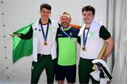 1 August 2024; Men's double sculls A bronze medallists Philip Doyle, left, and Daire Lynch, right, of Team Ireland with Rowing Ireland high performance men's head coach Fran Keane at Vaires-sur-Marne Nautical Stadium during the 2024 Paris Summer Olympic Games in Paris, France. Photo by Stephen McCarthy/Sportsfile