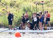 1 August 2024; Italian rower Catello Amarante proposes to Clara Guerra of Team Italy after her race with Stafania Gobbi in the women's double sculls B final at Vaires-sur-Marne Nautical Stadium during the 2024 Paris Summer Olympic Games in Paris, France. Photo by Stephen McCarthy/Sportsfile