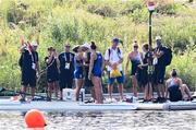 1 August 2024; Italian rower Catello Amarante proposes to Clara Guerra of Team Italy after her race with Stafania Gobbi in the women's double sculls B final at Vaires-sur-Marne Nautical Stadium during the 2024 Paris Summer Olympic Games in Paris, France. Photo by Stephen McCarthy/Sportsfile