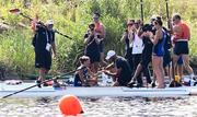 1 August 2024; Italian rower Catello Amarante proposes to Clara Guerra of Team Italy after her race with Stafania Gobbi in the women's double sculls B final at Vaires-sur-Marne Nautical Stadium during the 2024 Paris Summer Olympic Games in Paris, France. Photo by Stephen McCarthy/Sportsfile
