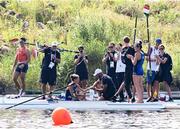 1 August 2024; Italian rower Catello Amarante proposes to Clara Guerra of Team Italy after her race with Stafania Gobbi in the women's double sculls B final at Vaires-sur-Marne Nautical Stadium during the 2024 Paris Summer Olympic Games in Paris, France. Photo by Stephen McCarthy/Sportsfile