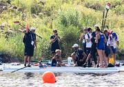 1 August 2024; Italian rower Catello Amarante proposes to Clara Guerra of Team Italy after her race with Stafania Gobbi in the women's double sculls B final at Vaires-sur-Marne Nautical Stadium during the 2024 Paris Summer Olympic Games in Paris, France. Photo by Stephen McCarthy/Sportsfile
