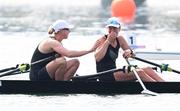 1 August 2024; Brooke Francis and Lucy Spoors of Team New Zealand celebrate after winning gold in the women's double sculls final at Vaires-sur-Marne Nautical Stadium during the 2024 Paris Summer Olympic Games in Paris, France. Photo by Stephen McCarthy/Sportsfile