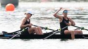 1 August 2024; Brooke Francis and Lucy Spoors of Team New Zealand celebrate after winning gold in the women's double sculls final at Vaires-sur-Marne Nautical Stadium during the 2024 Paris Summer Olympic Games in Paris, France. Photo by Stephen McCarthy/Sportsfile