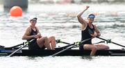1 August 2024; Brooke Francis and Lucy Spoors of Team New Zealand celebrate after winning gold in the women's double sculls final at Vaires-sur-Marne Nautical Stadium during the 2024 Paris Summer Olympic Games in Paris, France. Photo by Stephen McCarthy/Sportsfile