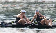 1 August 2024; Brooke Francis and Lucy Spoors of Team New Zealand celebrate after winning gold in the women's double sculls final at Vaires-sur-Marne Nautical Stadium during the 2024 Paris Summer Olympic Games in Paris, France. Photo by Stephen McCarthy/Sportsfile