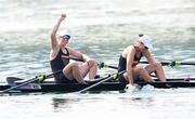 1 August 2024; Brooke Francis and Lucy Spoors of Team New Zealand celebrate after winning gold in the women's double sculls final at Vaires-sur-Marne Nautical Stadium during the 2024 Paris Summer Olympic Games in Paris, France. Photo by Stephen McCarthy/Sportsfile