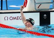 1 August 2024; Tom Fannon of Team Ireland celebrates after finishing first in his men's 50m freestyle heat at the Paris La Défense Arena during the 2024 Paris Summer Olympic Games in Paris, France. Photo by Ian MacNicol/Sportsfile