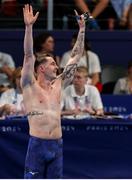 1 August 2024; Tom Fannon of Team Ireland celebrates after finishing first in his men's 50m freestyle heat at the Paris La Défense Arena during the 2024 Paris Summer Olympic Games in Paris, France. Photo by Ian MacNicol/Sportsfile