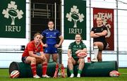 1 August 2024; Attendees, from left, Enya Breen of Munster, Katie Whelan of Leinster, Méabh Deely of Connacht and Fiona Tuite of Ulster during the Vodafone Women's Interprovincial launch at the IRFU High Performance Centre on the Sport Ireland Campus in Dublin. Photo by Shauna Clinton/Sportsfile